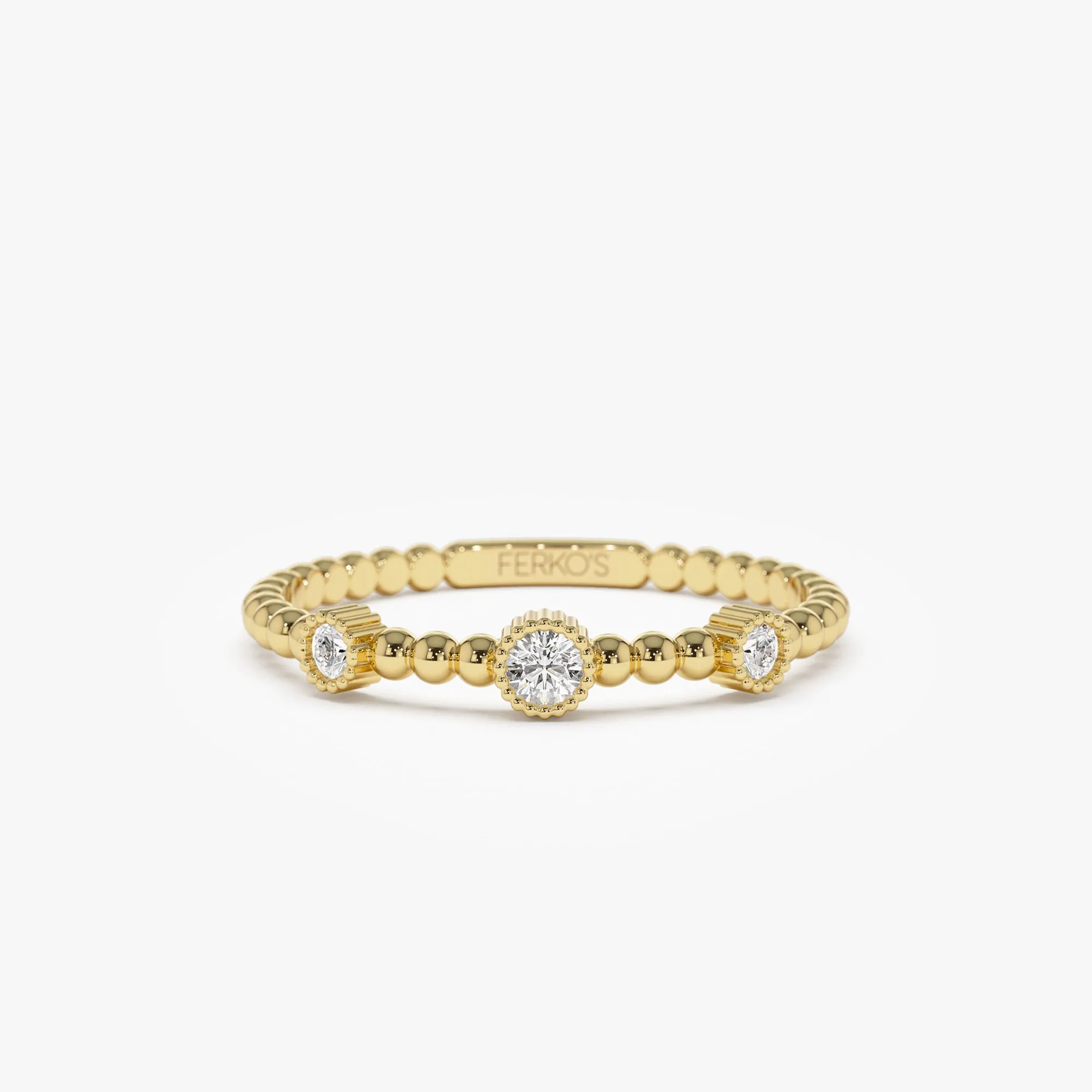 14k Bead Band Ring with Three Bezel Setting Diamonds
