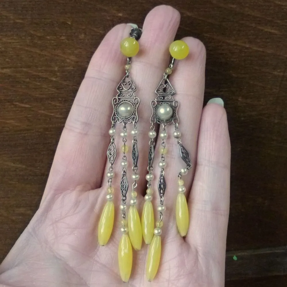 Antique Victorian Yellow Amber & Pearl Long Earrings - Silver Circa 1900