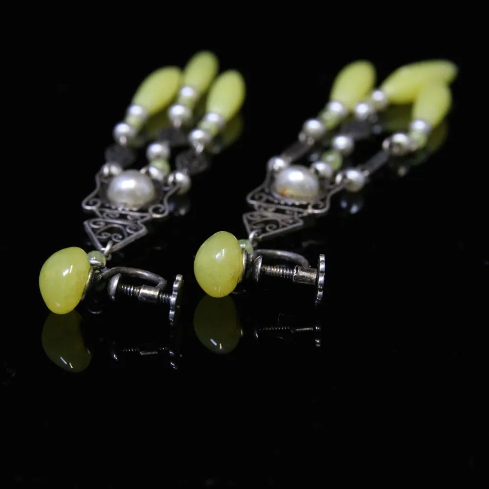 Antique Victorian Yellow Amber & Pearl Long Earrings - Silver Circa 1900