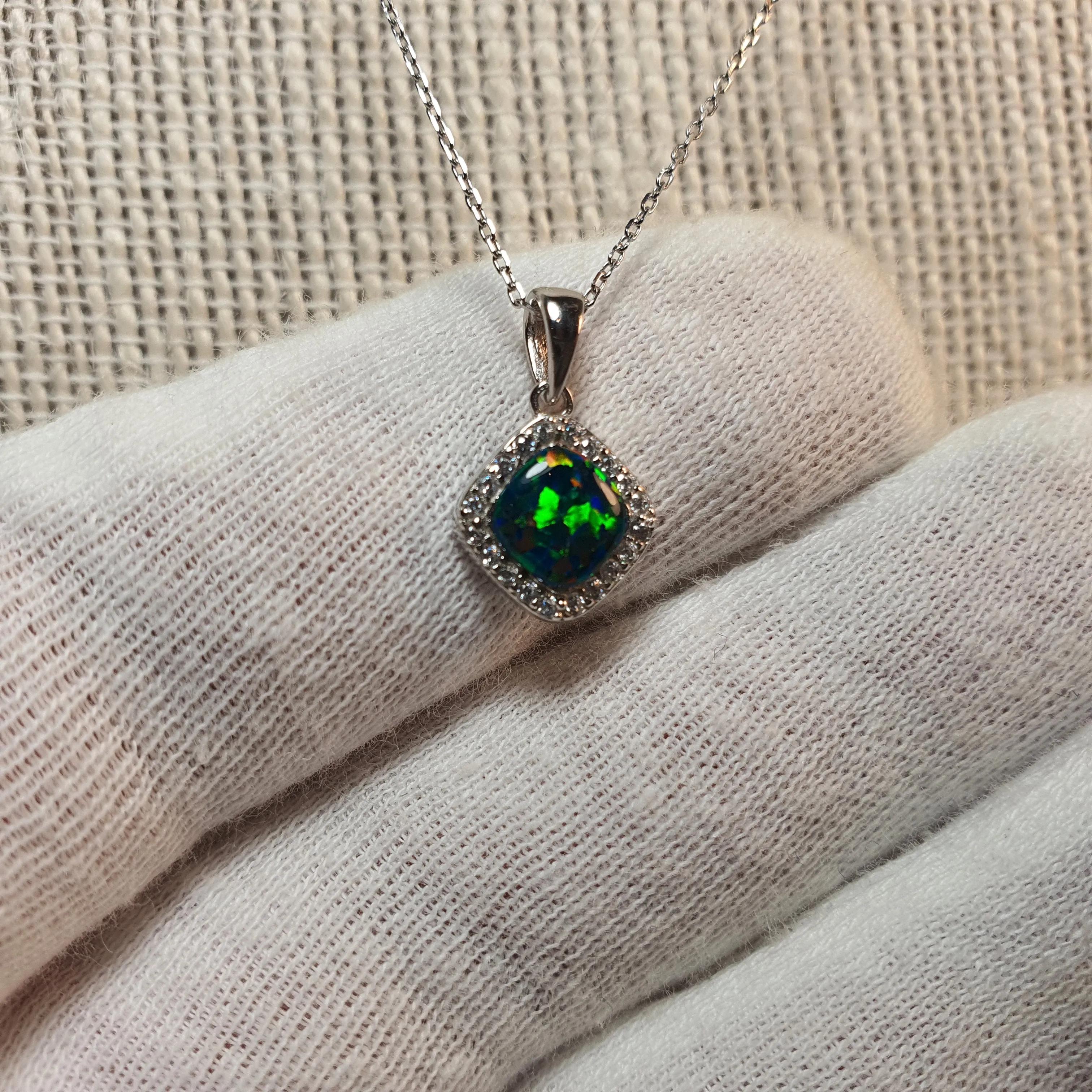 Created Diamond Opal Necklace , Sterling Silver