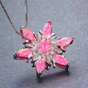 Elegant Snowflake Imitation Fire Opal Pendant Necklace