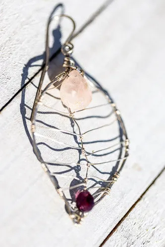 Em'z Blendz Rose Quartz & Garnet Leaf Earrings | Handcrafted with Fine Silver