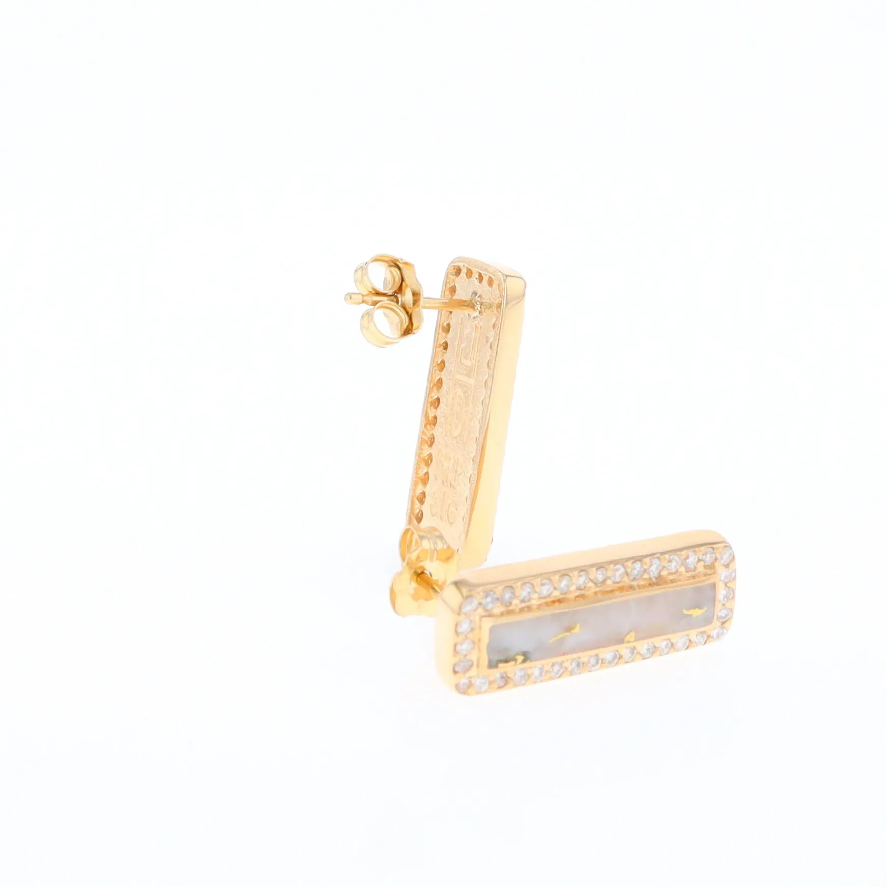 Gold Quartz Earrings Rectangle Inlaid with .50ctw Round Diamonds Halo Design
