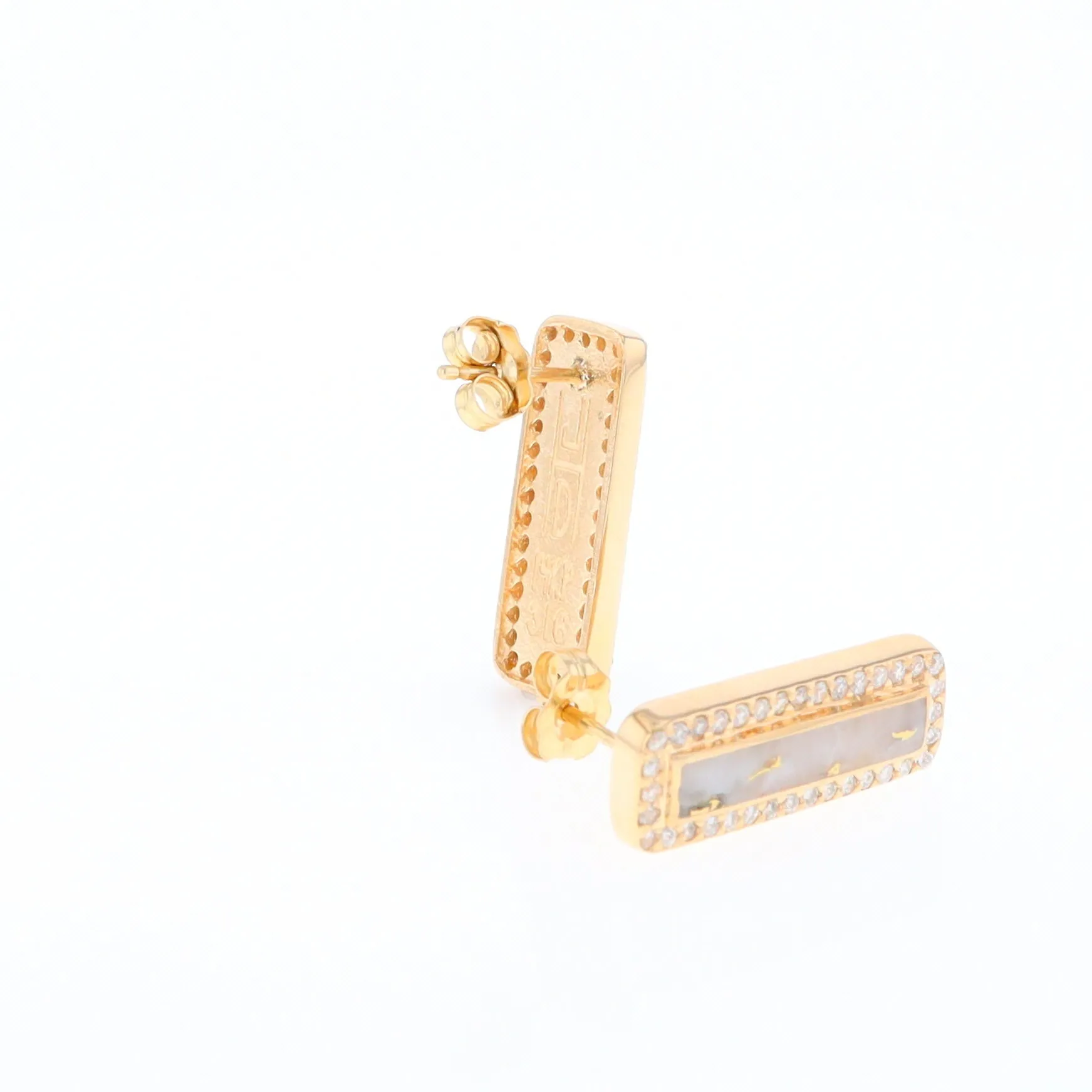 Gold Quartz Earrings Rectangle Inlaid with .50ctw Round Diamonds Halo Design
