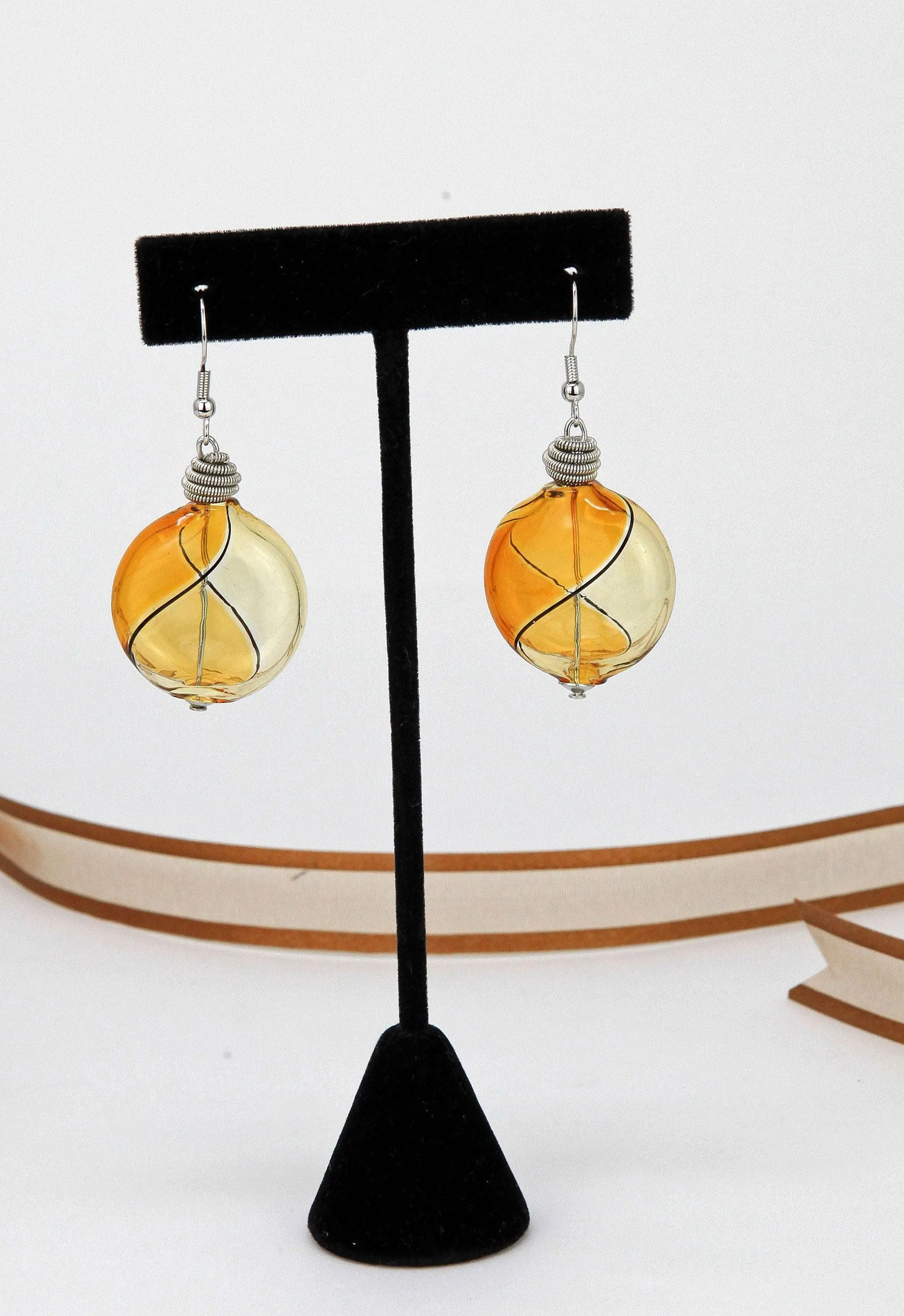 Murano Glass Harlequin Bead Earring, Amber