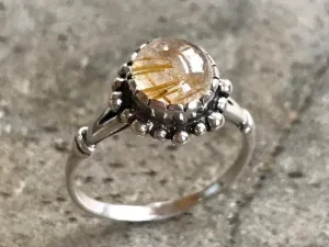 Rutilated Quartz Ring - Yellow Flower Ring - Quartz Vintage Ring