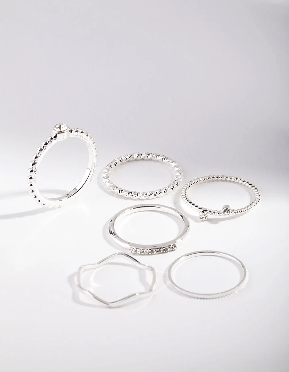 Silver Diamante Mixed Band Ring 6-Pack