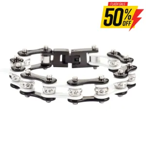 SK1198 1/2" Wide Two Tone Black White With White Crystal Rollers Stainless Steel Motorcycle Bike Chain Bracelet
