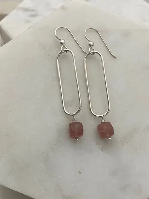 Sterling silver forged earrings with strawberry quartz gemstones