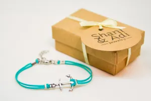 Turquoise cord bracelet with a silver plated anchor charm, nautical gift for her